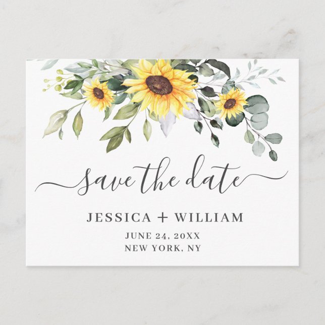 Postal Elegante Eucalyptus Sunflower Wedding Save the Dat (Anverso)