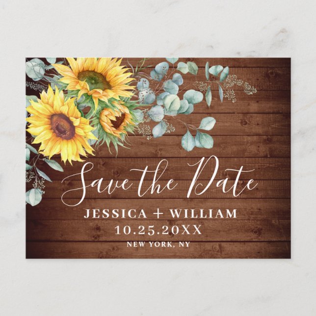 Postal Elegante Eucalyptus Sunflower Wedding Save the Dat (Anverso)