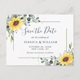 Postal Elegante Eucalyptus Sunflower Wedding Save the Dat