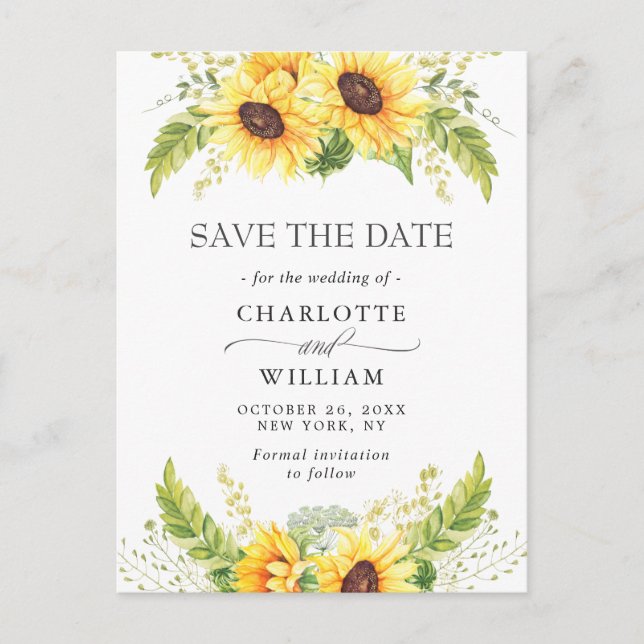 Postal Elegante Eucalyptus Sunflower Wedding Save the Dat (Anverso)