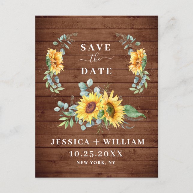 Postal Elegante Eucalyptus Sunflower Wedding Save the Dat (Anverso)