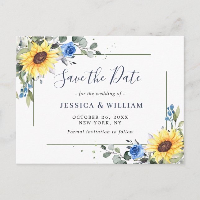 Postal Elegante Eucalyptus Sunflower Wedding Save the Dat (Anverso)