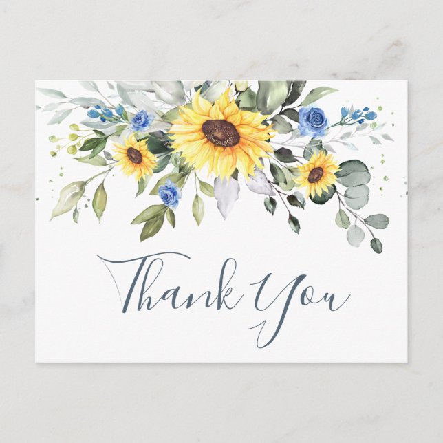 Postal Elegante Eucalyptus Sunflowers Floral Gracias (Anverso)