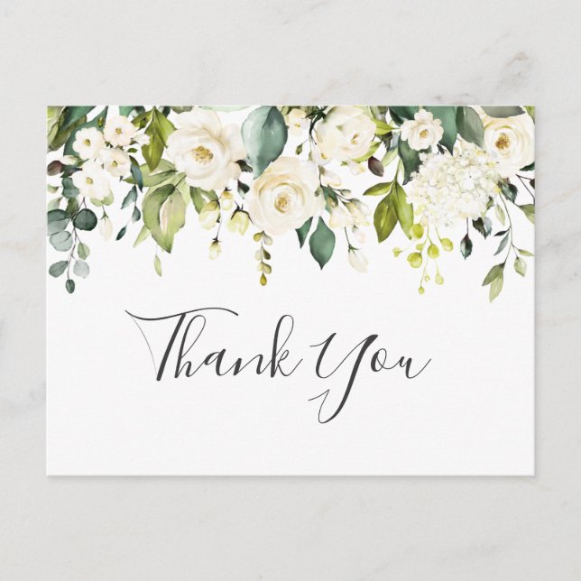 Postal Elegante Eucalyptus White Roses Floral Gracias (Anverso)