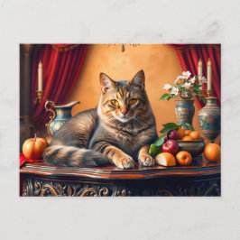 Postal Elegante Felino en Bodegón de Frutas