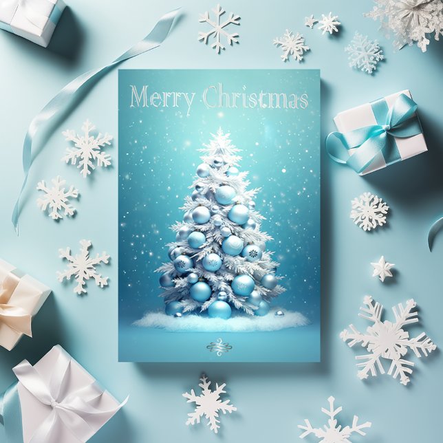 Postal Elegante feriado azul y plata en árbol de Navidad (Whimsical Blue and Silver Winter Wonderland Christmas Tree Merry Christmas Holiday Postcard)
