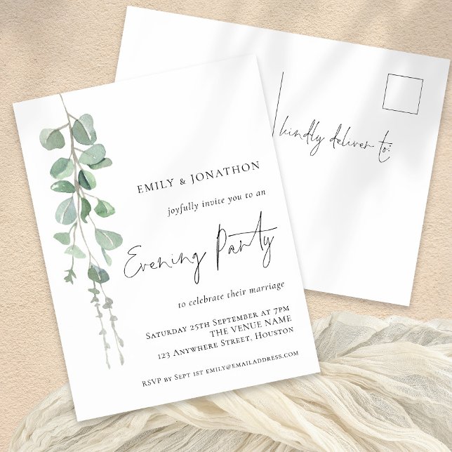 Postal Elegante Fiesta Boda Eucalyptus Invitado (Front and Back View)