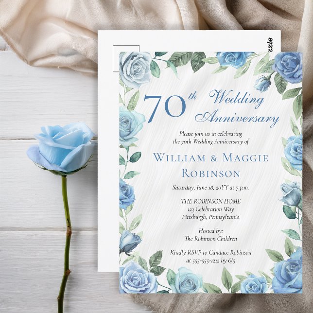 Postal Elegante Fiesta de Aniversario de la Floral Azul 7 (Elegant Blue Rose Floral 70th Wedding Anniversary Party Postcard Invitation)