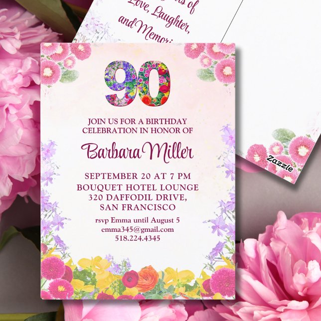 Postal Elegante fiesta de cumpleaños 90 con flores (Subido por el creador)