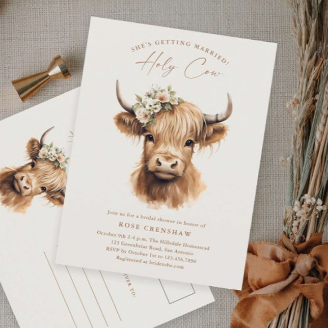 Postal Elegante Fiesta de Despedida de Soltera Boho Highl (Boho highland cow bridal shower invitaiton postcard.)