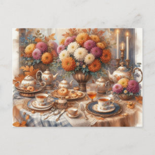 Postal Elegante fiesta de té de otoño en acuarela 