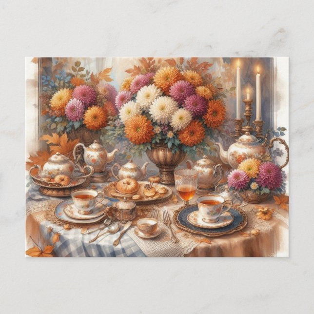 Postal Elegante fiesta de té de otoño en acuarela  (Anverso)