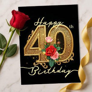 Postal Elegante Filigrana Dorada Rosa Rubí Cumpleaños 40