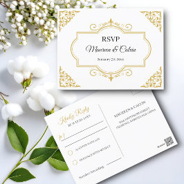 Postal Elegante filigrí de oro en blanco, RSVP de bodas