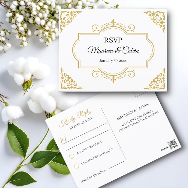 Postal Elegante filigrí de oro en blanco, RSVP de bodas (Subido por el creador)