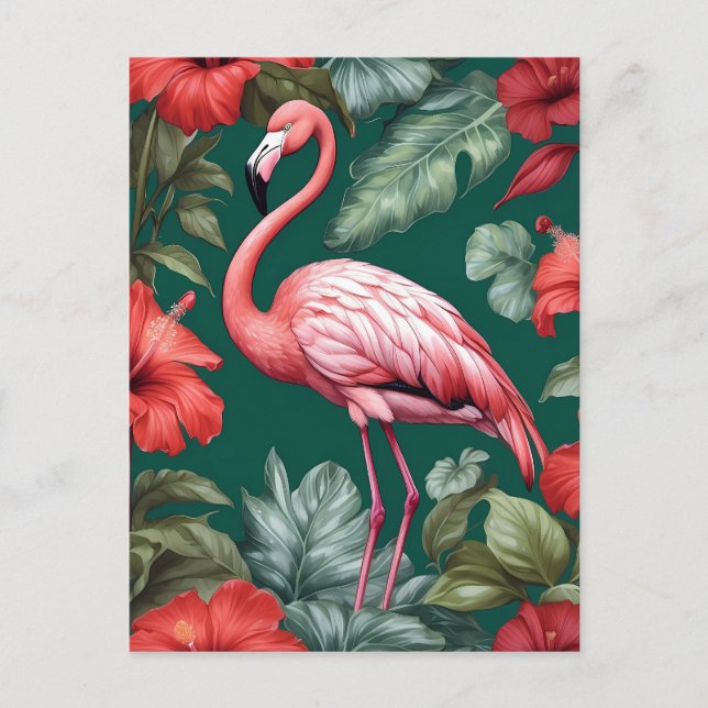 Postal Elegante Flamingo Hibiscus Flowers Emerald Green (Anverso)