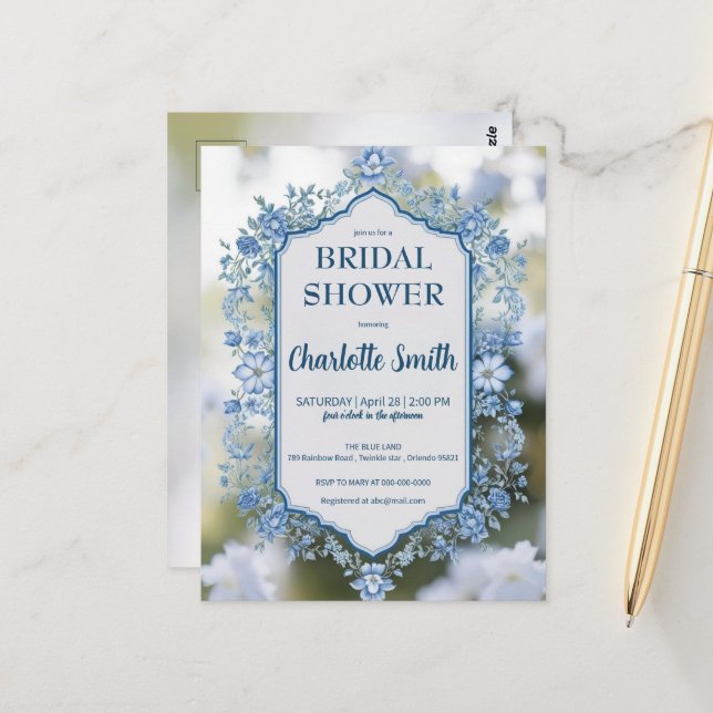 Postal Elegante flor azul chinoiserie despedida de solter (Anverso/Reverso In Situ)