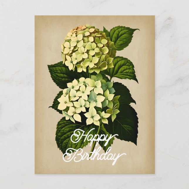 Postal Elegante Flor de Hortensia Vintage Cumpleaños Feli (Anverso)