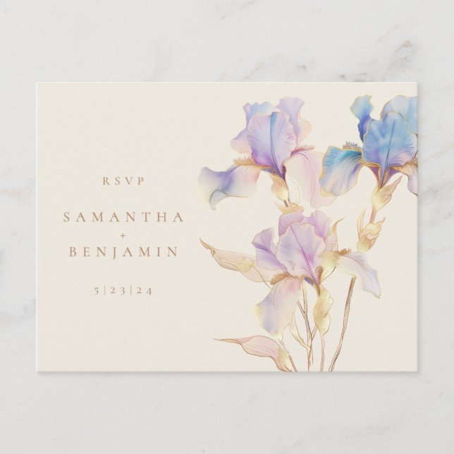 Postal Elegante Flor de Iris para Boda RSVP  (Anverso)