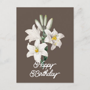 Postal Elegante Flor de Lirio Blanca Vintage Feliz Cumple