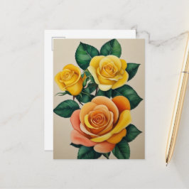 Postal Elegante Flora Acuarela Rosas Amarillas