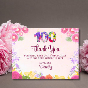 Postal Elegante Floral 100 cumpleaños Pastel 100 Gracias