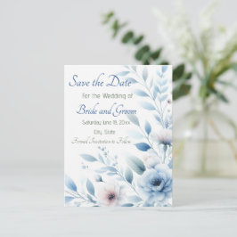 Postal Elegante Floral Azul para Salvar la Fecha