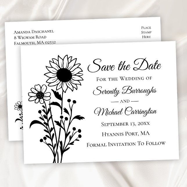 Postal Elegante Floral Blanco y Negro Boda Save The Date (Subido por el creador)