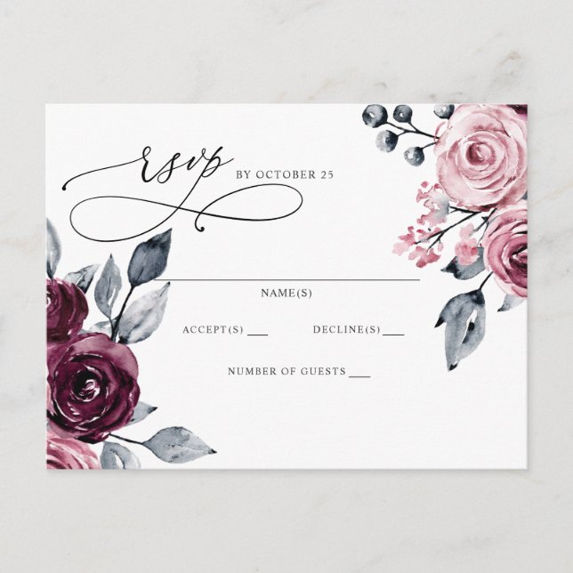 Postal Elegante Floral Botánico Burdeos RSVP (Anverso)