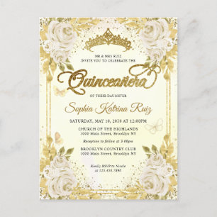 Postal Elegante Floral Champagne Gold Tiara Quinceañera