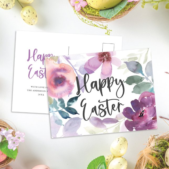 Postal Elegante Floral de Acuarela Moderna Feliz Pascua (Subido por el creador)