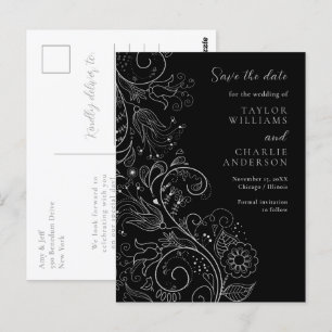 Postal Elegante Floral de Boda en Plata y Negro Save The 