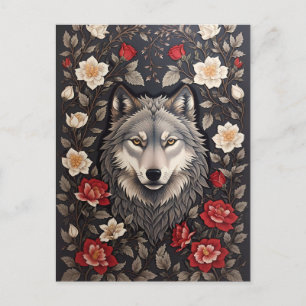 Postal Elegante Floral de Lobo Gris