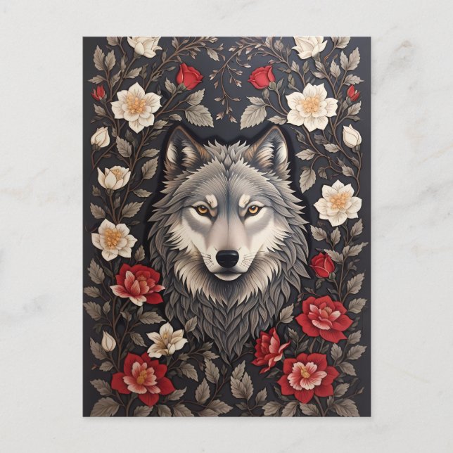 Postal Elegante Floral de Lobo Gris (Anverso)