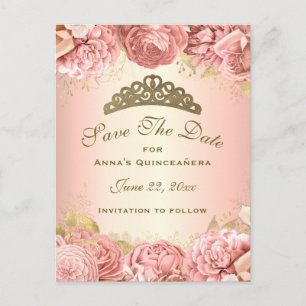 Postal Elegante Floral De Oro Rosa Quinceanera Ahorra La