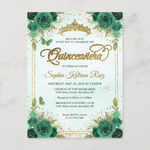 Postal Elegante Floral Esmeralda Verde Glam Gold Quinceañ