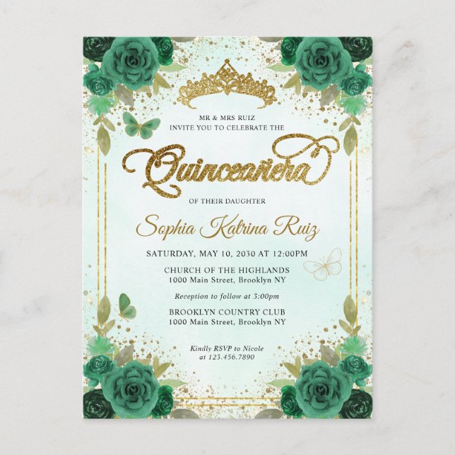 Postal Elegante Floral Esmeralda Verde Glam Gold Quinceañ (Anverso)