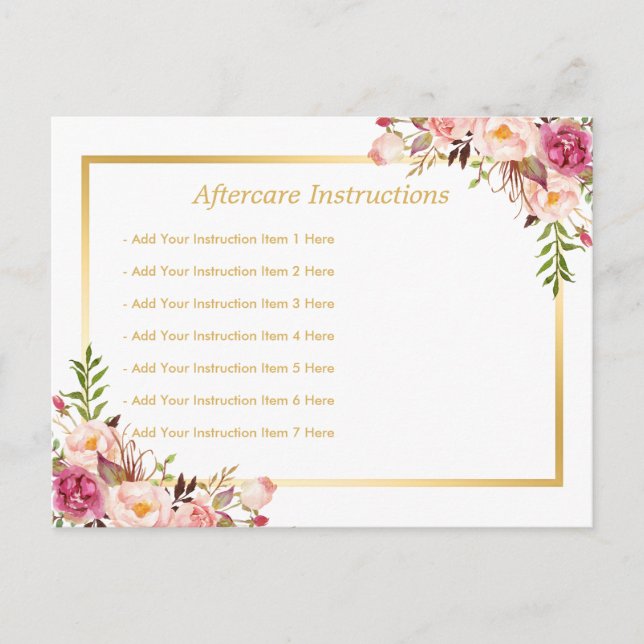 Postal Elegante Floral Gold Lash Salon Aftercare Card (Anverso)