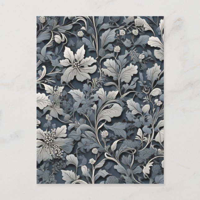 Postal Elegante floral gris blanco plateado azul polvorie (Anverso)