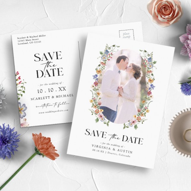 Postal Elegante Floral Guardar La Fecha (Colorful Wildflower Wedding Invitation and Gifts Collection by Painted Paperie
)