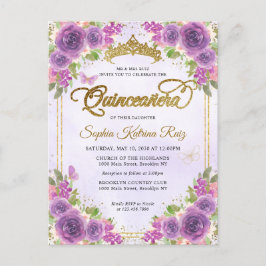 Postal Elegante Floral Luz Purple Gold Tiara Quinceañera