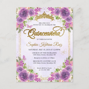 Postal Elegante Floral Luz Purple Gold Tiara Quinceañera