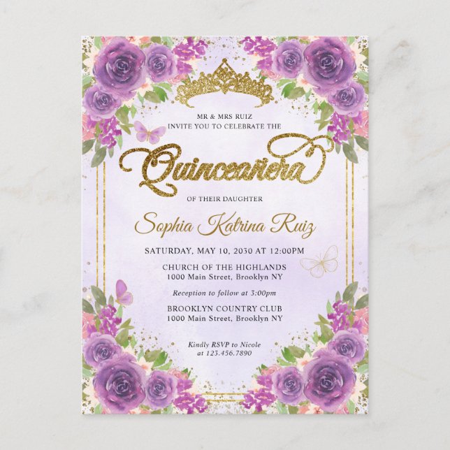 Postal Elegante Floral Luz Purple Gold Tiara Quinceañera (Anverso)
