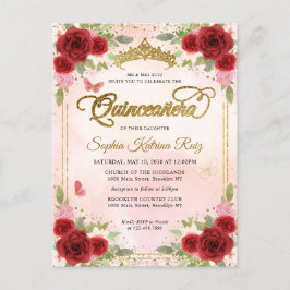 Postal Elegante Floral Rojo Oro Rosa Tiara Quinceañera