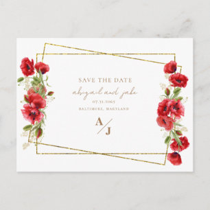 Postal Elegante Floral Rojo y Dorado para Boda Save the D