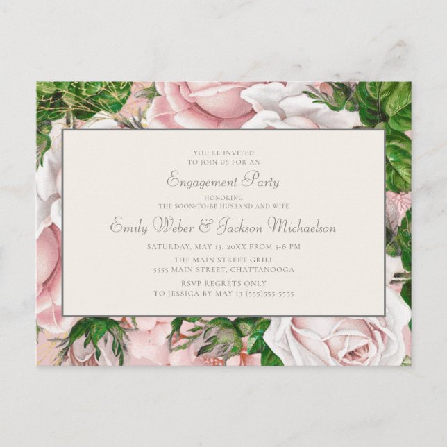 Postal Elegante Floral Rosa Pálido y Crema de Compromiso (Anverso)