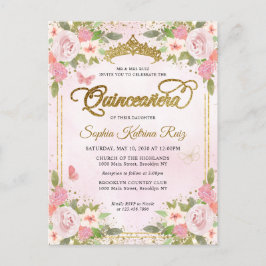 Postal Elegante floral Rubor rosa oro Tiara Quinceañera