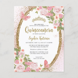 Postal Elegante floral Rubor rosa oro Tiara Quinceañera