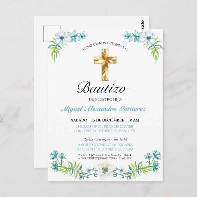 Postal Elegante Flores y Cruz Para Niño Bautizo Invitatio (Anverso / Reverso)
