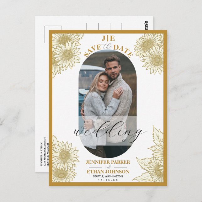 Postal Elegante Foto Botánica De Girasol Guardar La Fecha (Anverso / Reverso)